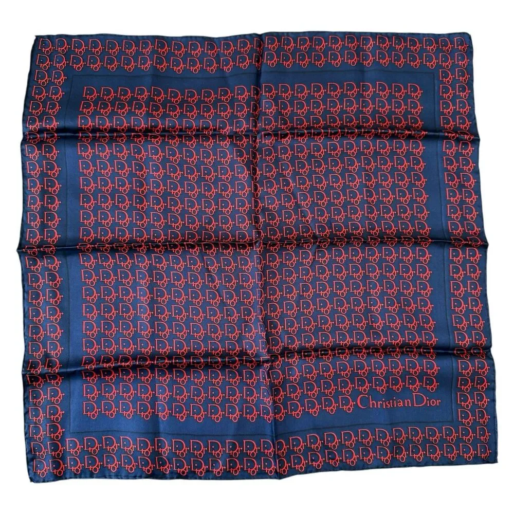 Authentic NWOT Christian Dior Women’s Square Silk Scarf Blue Red Trotter Logo